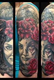 New school colored boom girl portrait rose and crow tattoo pattern