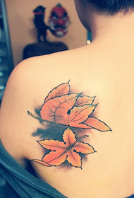Women's Left Back Shoulder Red Maple Leaf Tattoo Pattern