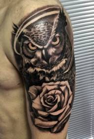 Arm realistic style owl with rose tattoo pattern