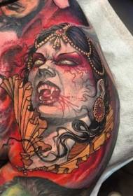 Evil female vampire tattoo pattern on the shoulder