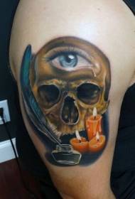 Arm mysterious colorful skull and eye candle tattoo pattern