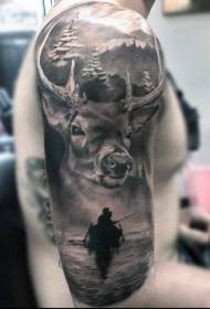 Brig realistiska realistiska rådjur i skogen med fiskare tatuering mönster