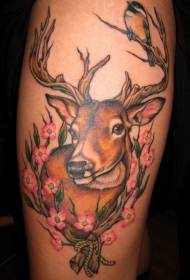 Fantastic color deer with flowers tattoo pattern