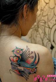 Girl back shoulder cherry blossom swallow tattoo picture