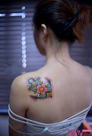 Fresh cherry blossom anchor back shoulder tattoo picture