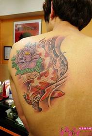 Back shoulder traditional peony squid tattoo picture