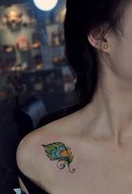 Girl's shoulders beautiful and beautiful color feather tattoo picture picture