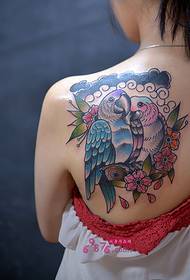 Color couple parrot personality shoulder tattoo picture