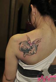 Cute little flying pig back shoulder tattoo picture