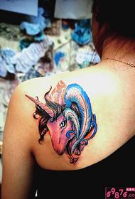 Girl back shoulder unicorn feather tattoo picture