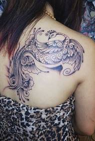 Fashionable female back shoulder beautiful looking phoenix tattoo pattern picture