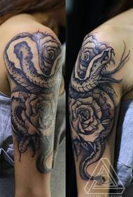 Classic snake peony flower tattoo pattern