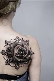 Female shoulders beautiful looking black gray rose tattoo picture