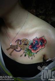 Shoulder color rose key lock tattoo pattern