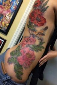 Girl's waist tattoo picture girl's side waist painted flower tattoo picture