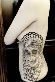 side rib black cool skull rose crown tattoo pattern