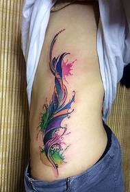 personality girl side waist color feather tattoo pattern