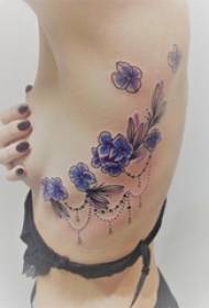 girls side waist painted gradient simple lines small fresh plant flowers Tattoo pictures