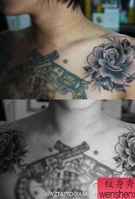 Beautiful black gray rose tattoo pattern on the shoulders of boys