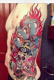 men's side ribs beautiful colored multi-headed snake and skull tattoo pictures