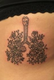 girls on the side of the waist on the black geometric simple line plant flower type lung tattoo picture