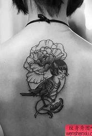Tatuaje de plumas de peonía de espalda de mujer