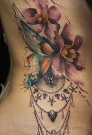šoninis juosmuo gražus akvarelės orchidėjos drugelis ir dygliuotas tatuiruotės tatuiruotės modelis