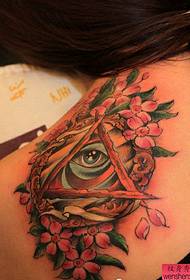 Shoulder, god's eye, cherry blossom tattoo pattern