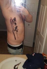 Guns, roses, tattoo, male, side, waist, black, gun, rose, tattoo