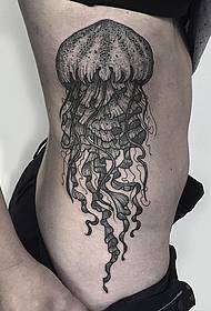 girl Side waist jellyfish black gray personality tattoo pattern
