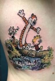 Tatuaż z tatuażem, zabawny obraz z kreskówkowym tatuażem z boku chłopca