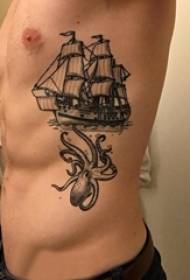 Tattoo ຂ້າງແອວຜູ້ຊາຍຂ້າງແອວ octopus ແລະ sailing ຮູບພາບ tattoo