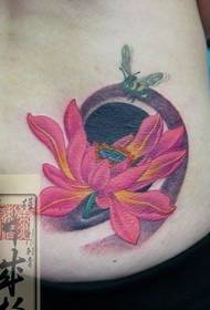 腰部蜜蜂和红色荷花纹身图案-日本黄炎刺青作品