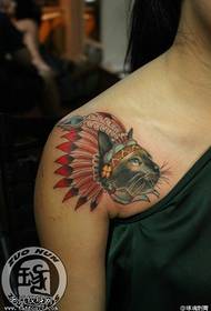 Female shoulder color cat tattoo pattern