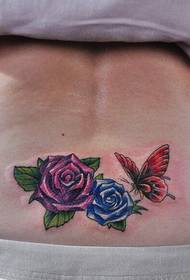 美女腰部漂亮的彩色玫瑰花与蝴蝶刺青图片
