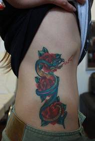 snake and rose tattoo on the waist 69519 - Chinese Hua Dan delicate waist tattoo pattern