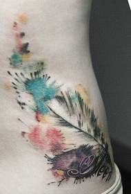 fashion side waist color splash ink style feather tattoo picture picture