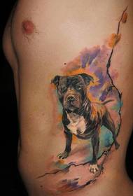 handsome guy sideways dog color ink style tattoo