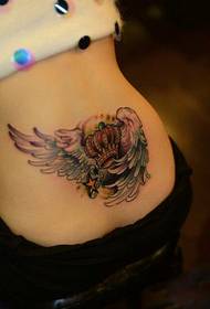 personal back waist wing crown tattoo pattern