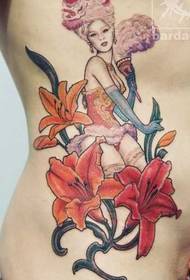 Vidukļa skaistuma ziedu tetovējuma raksts 69775 - muguras jostas vietas lotosa kaķu tetovējums