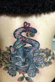 female back waist lazy kitten tattoo