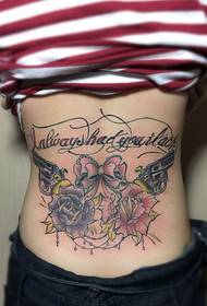 girl's waist and beautiful rose and letter tattoo