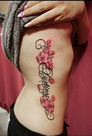 sexy female side waist fine beautiful letter flower tattoo picture