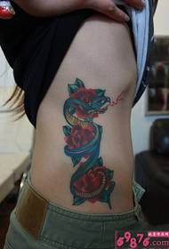 snake winding rose small waist tattoo picture
