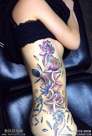 Women's side waist color lotus tattoo works