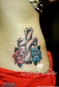 female back waist cross rose tattoo pattern