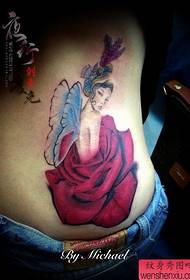 女生腰部漂亮流行的玫瑰花与小精灵纹身图案