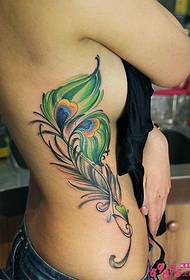 side waist peacock feather tattoo pattern picture