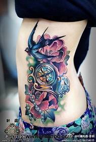 Female Waist Colored Swallow Compass Peony Flower Tattoo Pattern