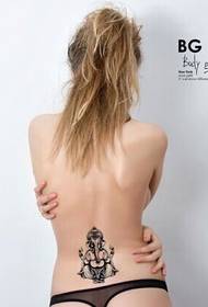 European beautiful girls waist beautiful black and white elephant god tattoo